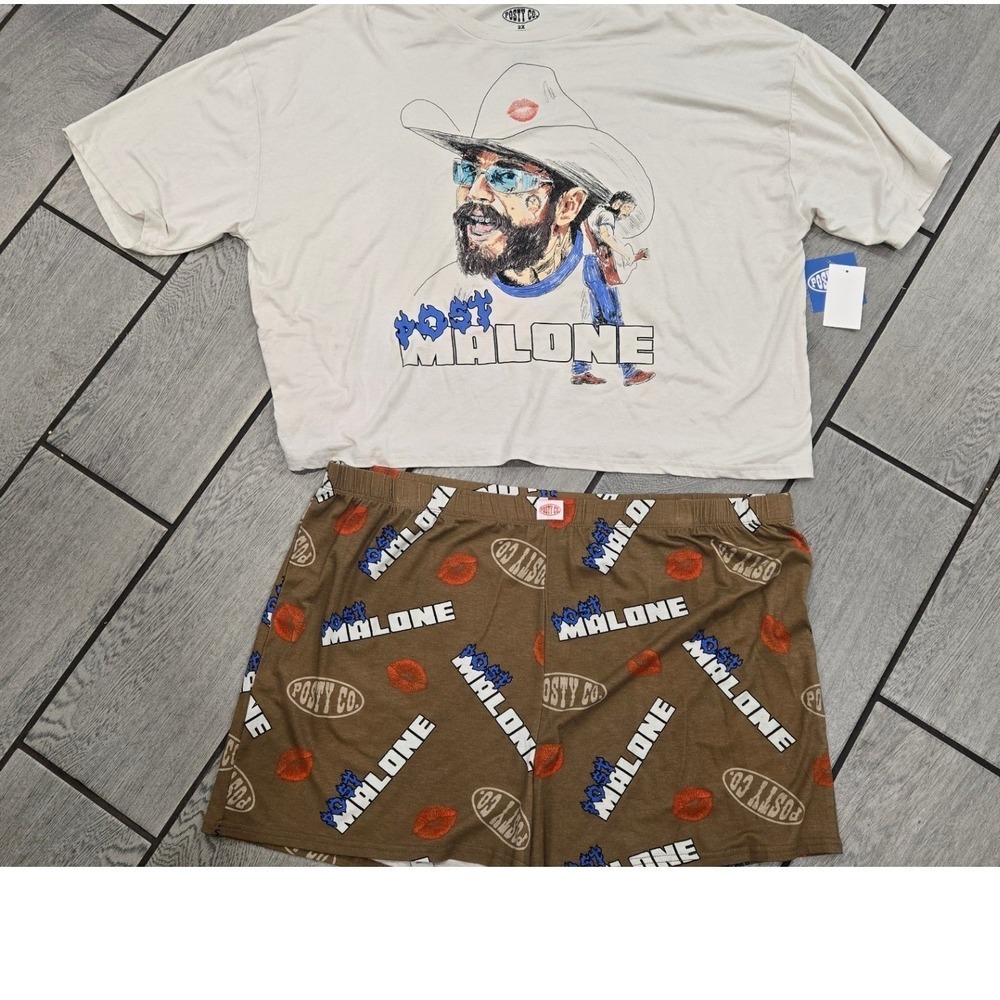 Posty Co Post Malone Pajama Set XL Off White Brown Graphic Tee & Shorts LZ06114S